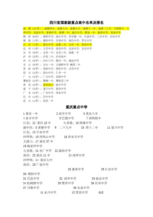 川省国家级重点高中名单及排名