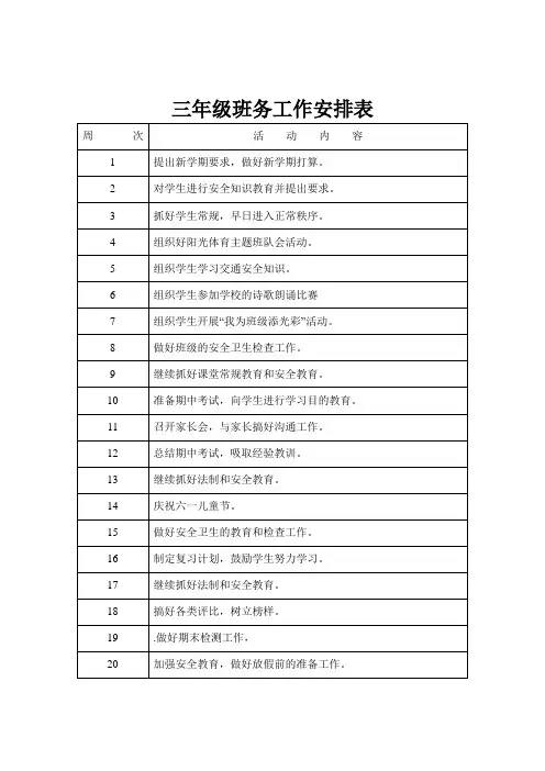 三年级班务工作安排表