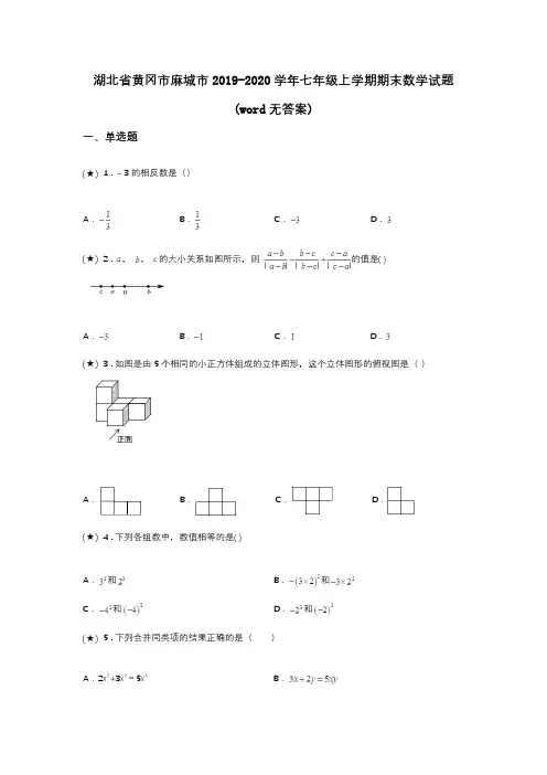湖北省黄冈市麻城市2019-2020学年七年级上学期期末数学试题(word无答案)