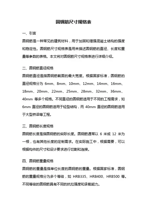 圆钢筋尺寸规格表