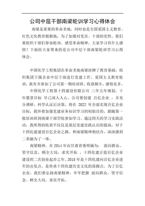 公司中层干部南梁轮训学习心得体会