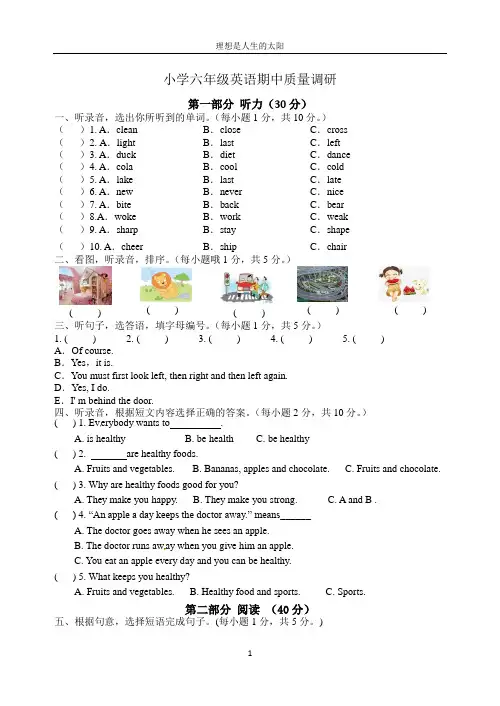 译林小学英语六年级第二学期期中试卷