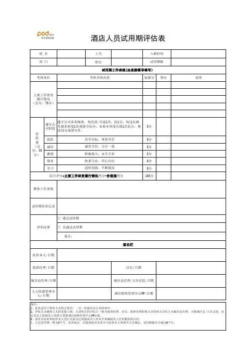 酒店人员试用期评估表(2013版)