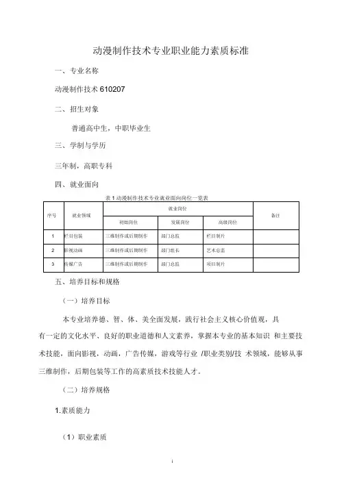 动漫制作技术专业职业能力素质标准