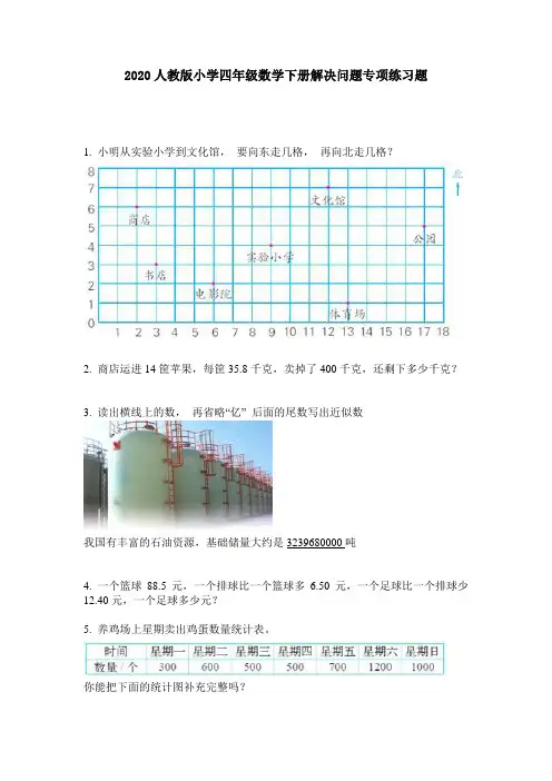 2020人教版小学四年级数学下册解决问题专项练习题