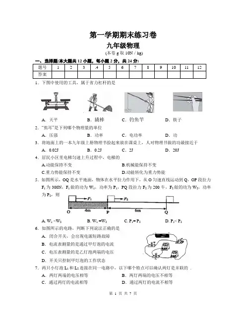 南京市联合体2019-2020学年第一学期期末九年级物理练习卷(含答案)