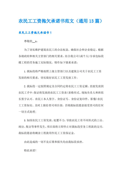 农民工工资拖欠承诺书范文(通用13篇)