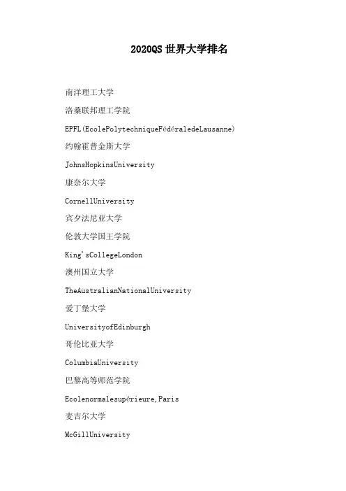 2020QS世界大学排名