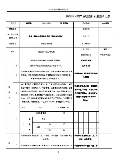 砖砌体分项工程检验批质量验收记录