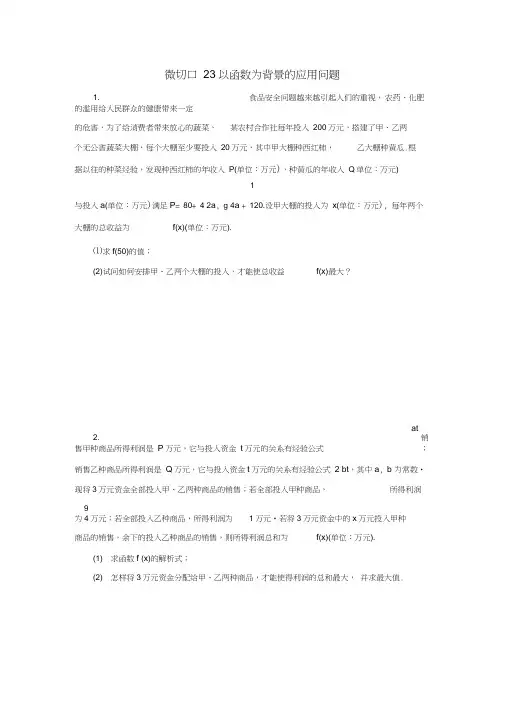 (名师讲坛)2020版高考数学二轮复习专题七实际应用问题微切口23以函数为背景的应用问题练习(无答案