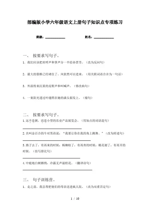 部编版小学六年级语文上册句子知识点专项练习