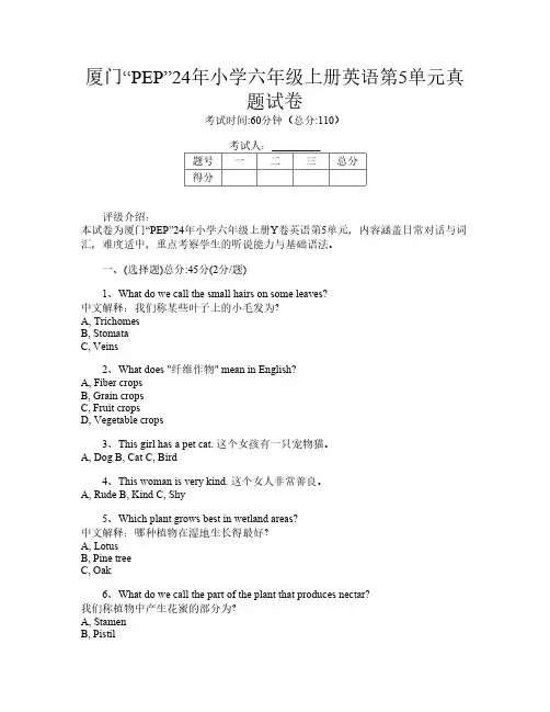 厦门“PEP”24年小学六年级上册Y卷英语第5单元真题试卷