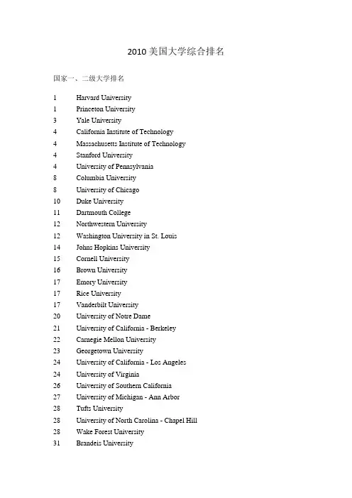 2010美国大学综合排名