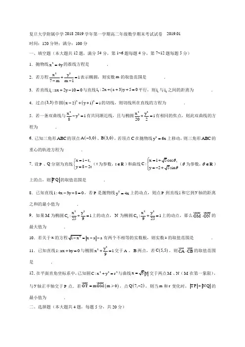 上海市复旦大学附属中学2018-2019学年高二上学期期末考试数学试题