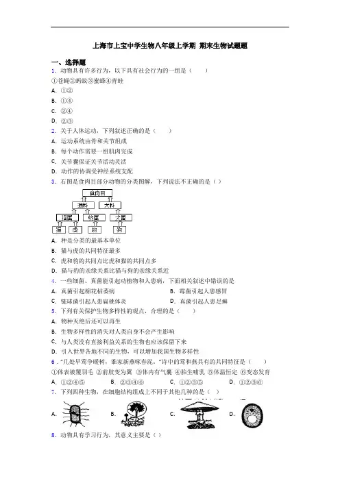 上海市上宝中学生物八年级上学期 期末生物试题题