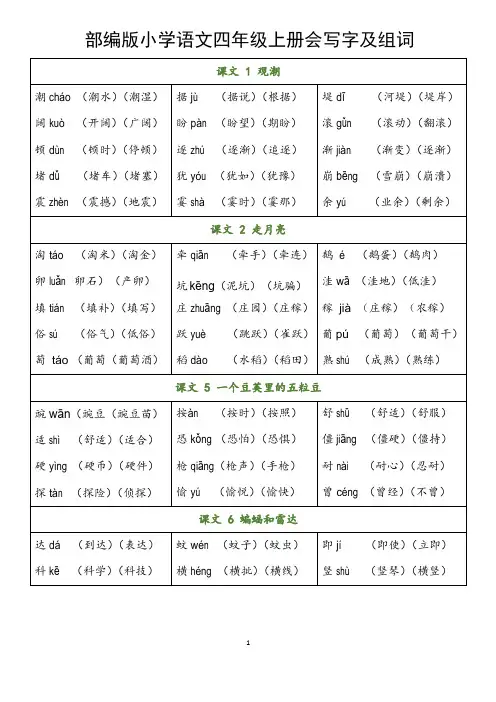 部编版小学语文四年级上册会写字及组词(全册生字表)