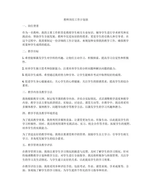 教师岗位工作计划表