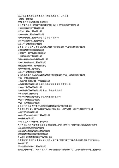 2009年度中国建设工程鲁班奖(国家优质工程)获奖名单