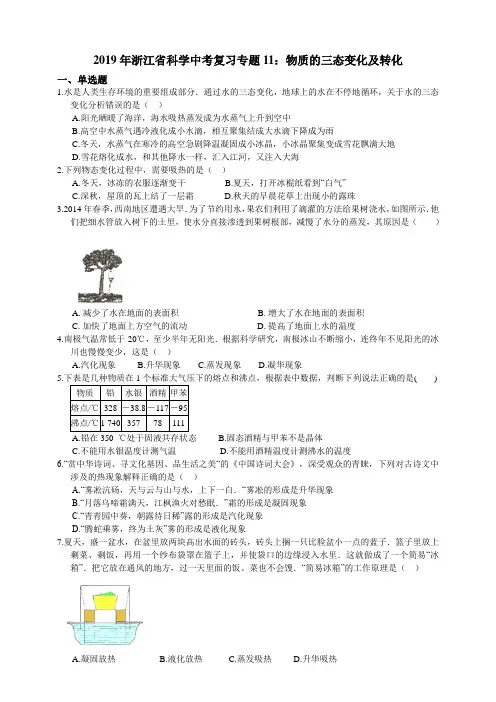 浙江省科学中考复习专题11：物质的三态变化及转化