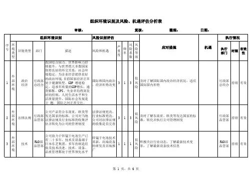组织环境识别及风险 机遇评估分析表