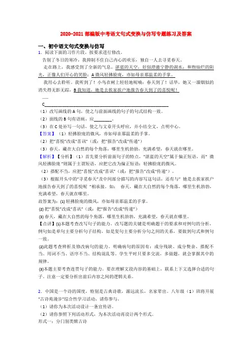 2020-2021部编版中考语文句式变换与仿写专题练习及答案