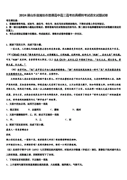 2024届山东省潍坊市普通高中高三高考仿真模拟考试语文试题试卷含解析