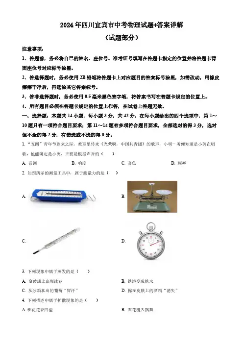 2024年四川宜宾市中考物理试题+答案详解