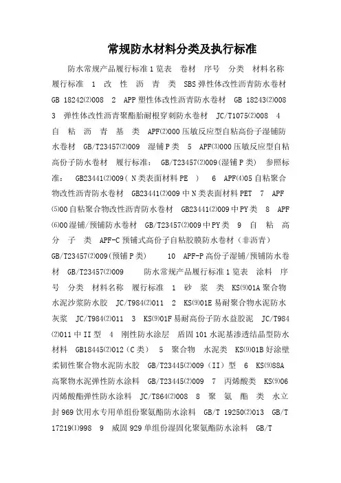 常规防水材料分类及执行标准