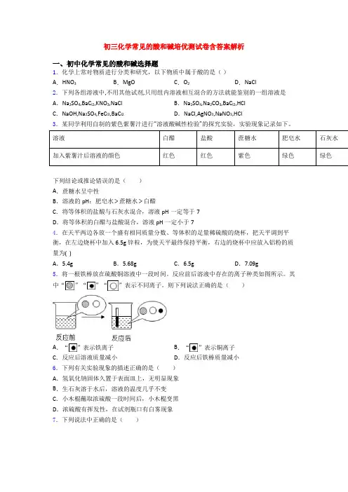 初三化学常见的酸和碱培优测试卷含答案解析