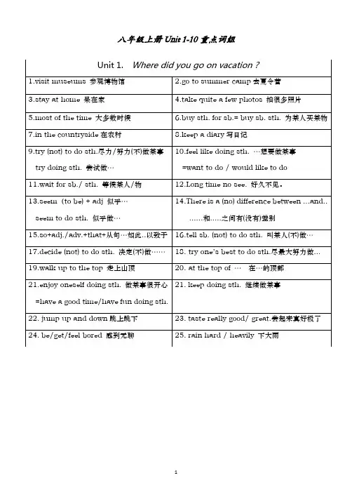人教版新目标八年级上册全册重点短语归纳