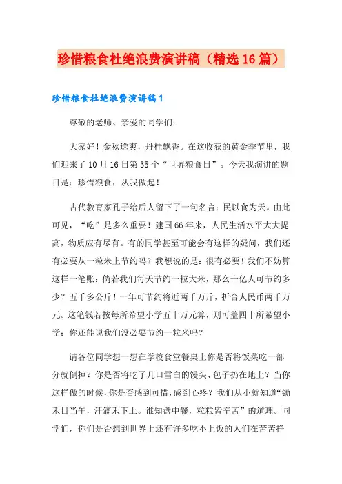 珍惜粮食杜绝浪费演讲稿(精选16篇)