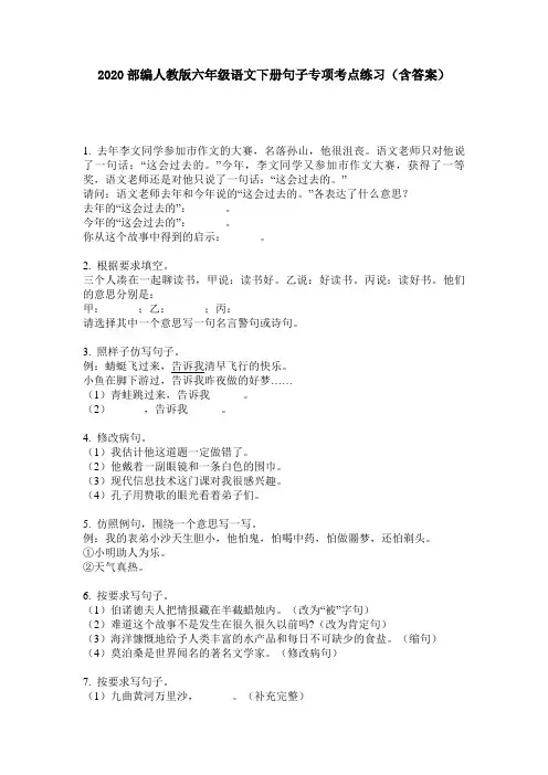2020部编人教版六年级语文下册句子专项考点练习(含答案)