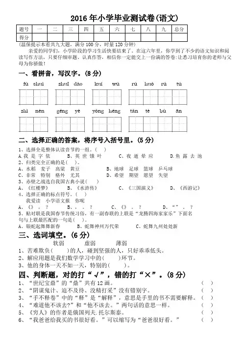 td2016-小学升初中语文毕业测试试题