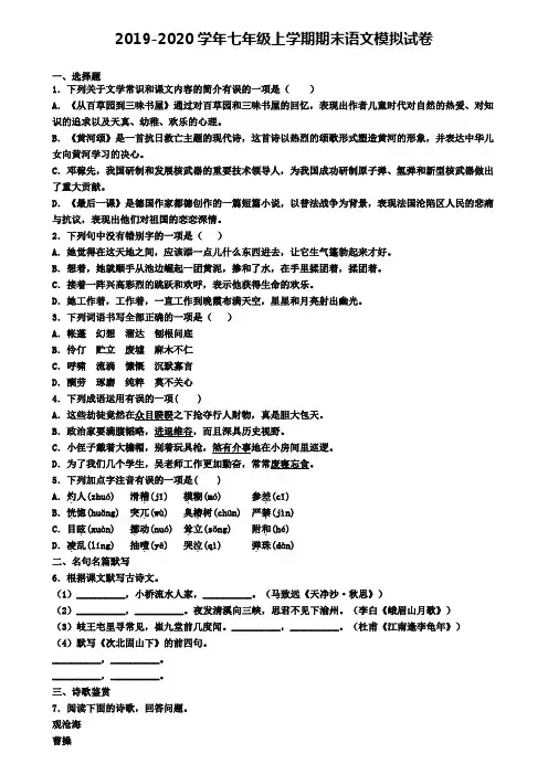 ┃试卷合集4套┃2020年湖南省邵阳市语文七年级(上)期末复习检测模拟试题