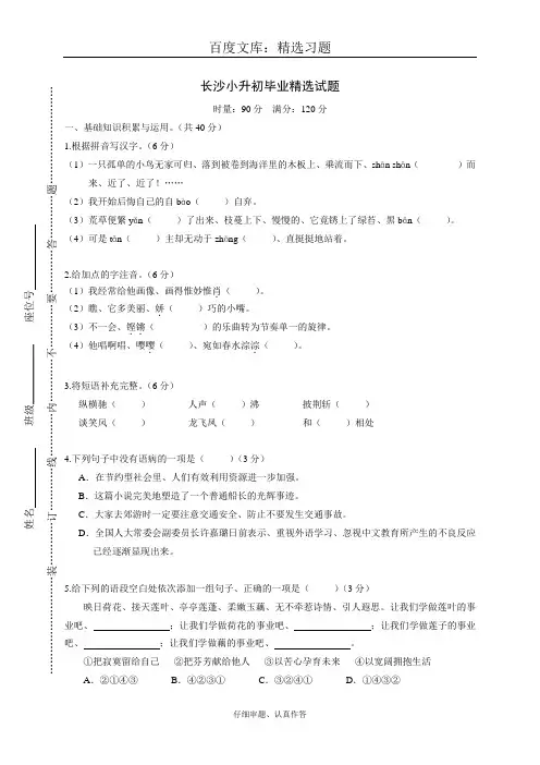 【人教版】2018学年六年级上册语文 小升初择校试题   长沙小升初精选试题
