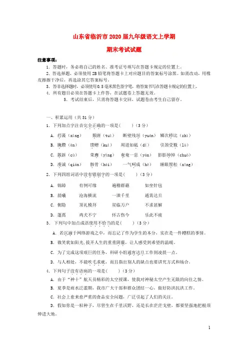 山东省临沂市2019_2020九年级语文上学期期末考试试题新人教版