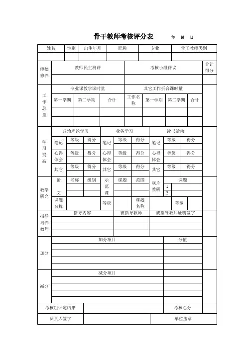 骨干教师考核评分表