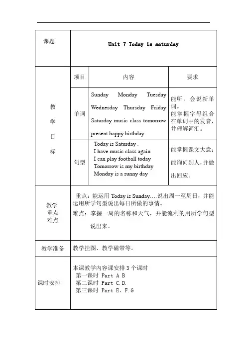 湘少版四年级下册英语Unit7 Today is saturday