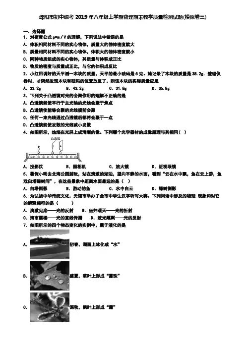 绵阳市初中统考2019年八年级上学期物理期末教学质量检测试题(模拟卷三)