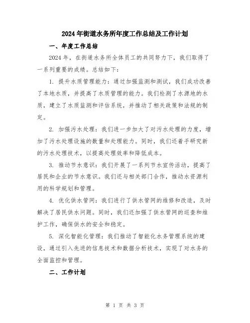 2024年街道水务所年度工作总结及工作计划