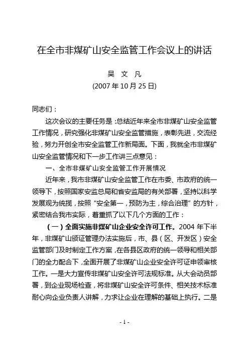 在全市非煤矿山安全监管工作会议上的讲话
