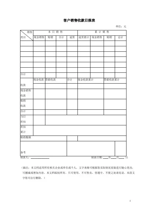 客户销售收款日报表