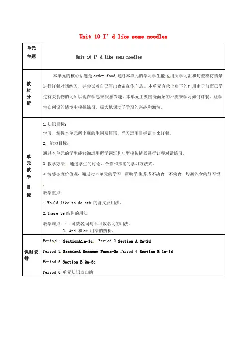 七年级英语下册 Unit 10 I’d like some noodles单元教案 (新版)人教新目标版