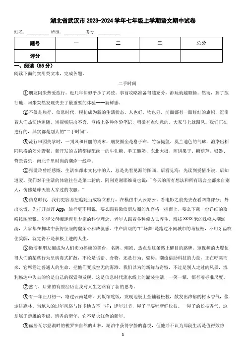 湖北省武汉市2023-2024学年七年级上学期语文期中考试试卷(含答案)