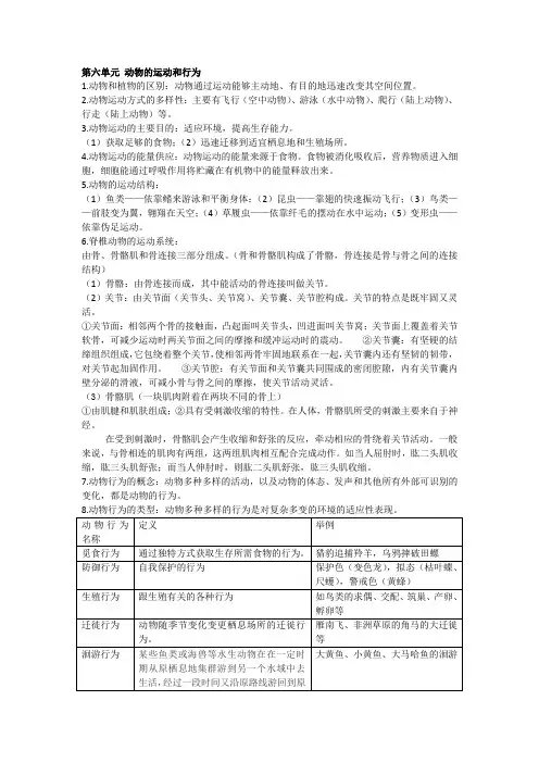 第六单元 动物的运动和行为 知识点