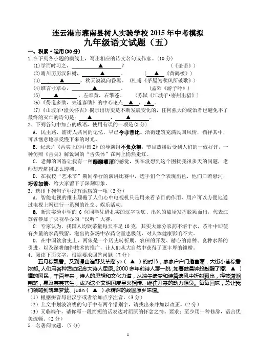 连云港市2015中考语文模拟试卷(五)