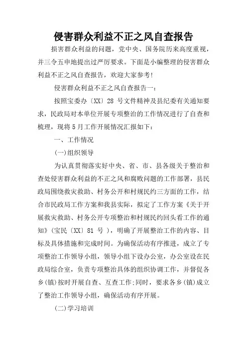 侵害群众利益不正之风自查报告