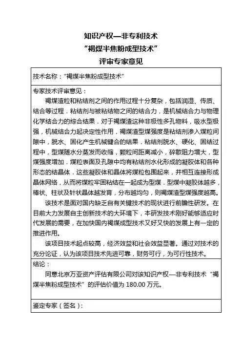 评审专家意见褐煤半焦粉成型技术