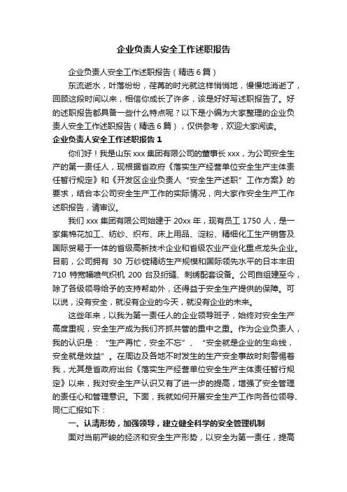 企业负责人安全工作述职报告