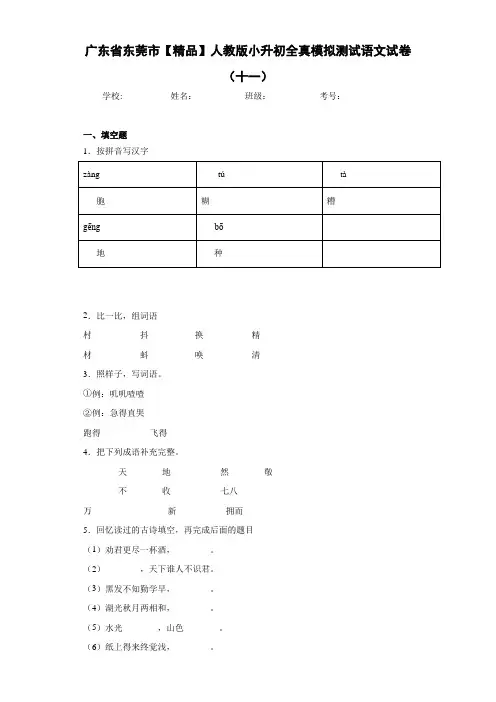 小学广东省东莞市人教版小升初全真模拟测试语文试卷(十一)(含答案解析)